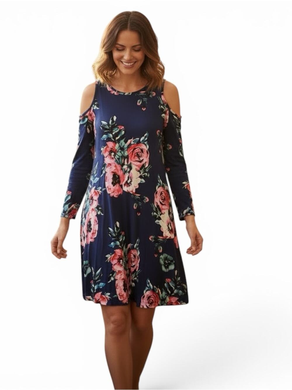 Cold-Shoulder Floral Swing Dress in Navy and Pink Sz S